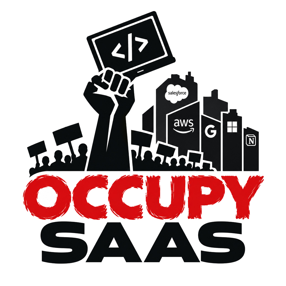 OccupySaaS logo: a raised fist holds a laptop showing a code symbol above a crowd of protesters with placards, in front of SaaS company skyscrapers. Below, OCCUPY in red brush letters and SAAS in black.